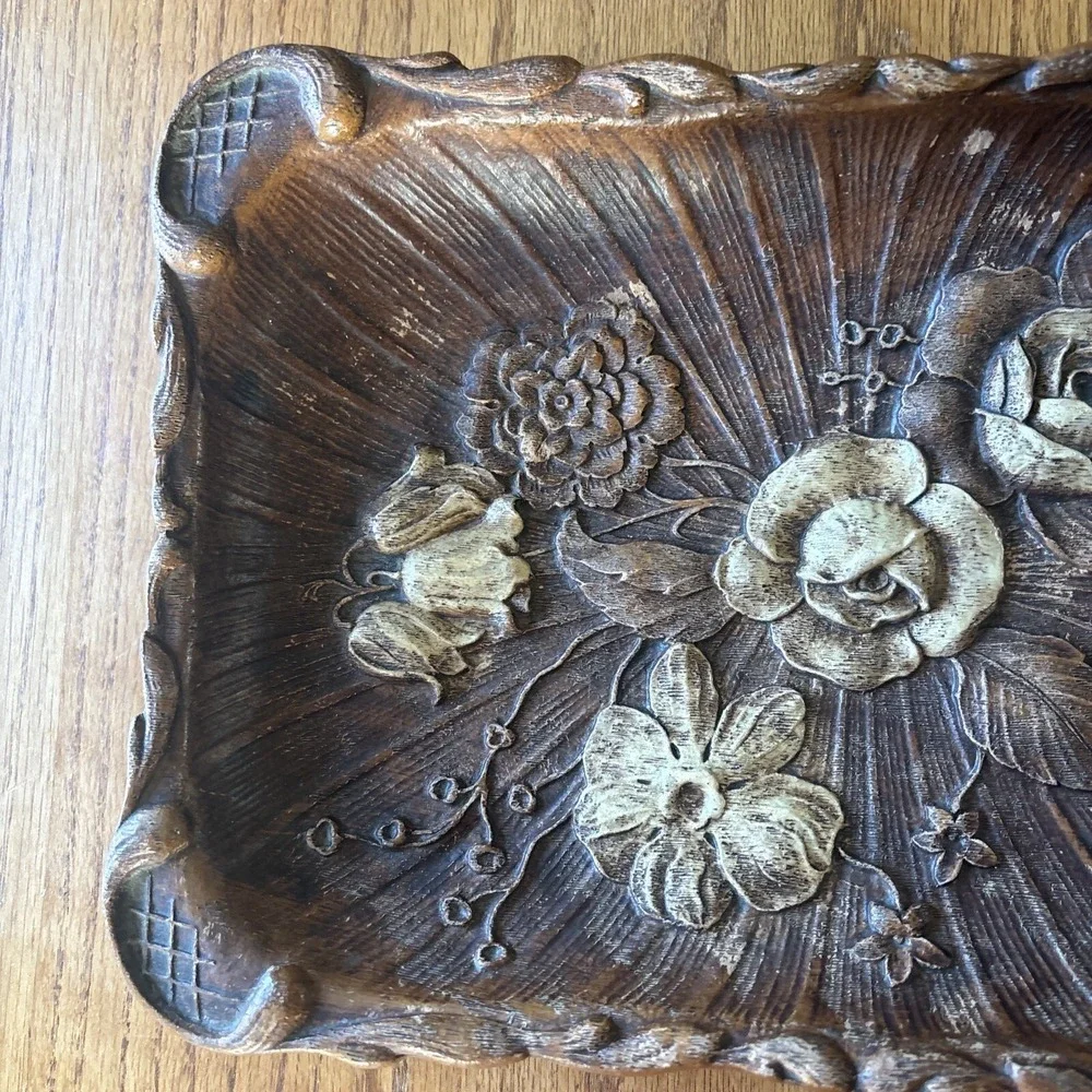 Vintage 40's 1944 Multi Products Syroco Molded Wood Composite Floral Rose Tray